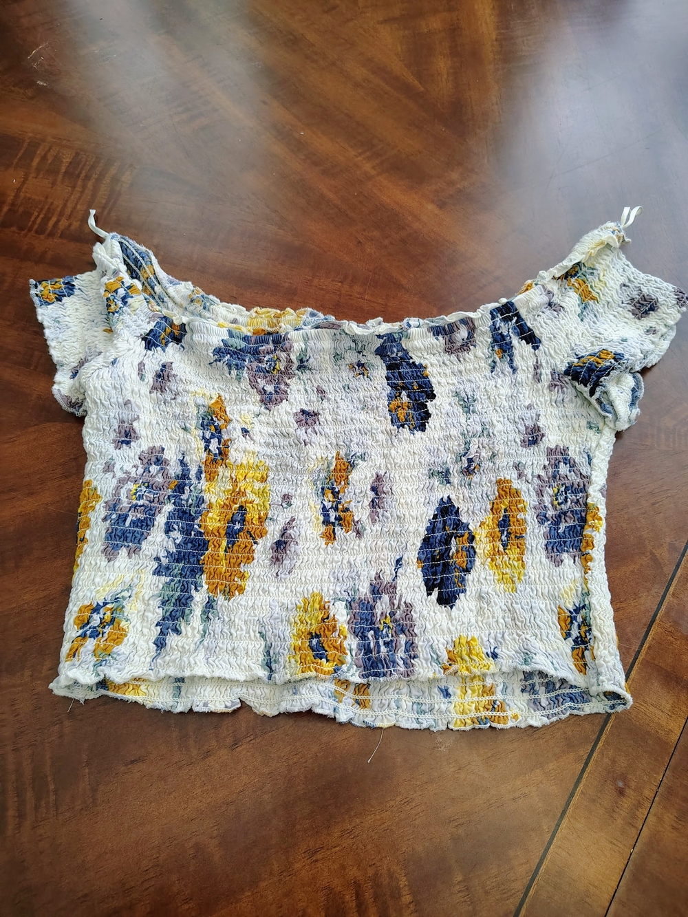 Floral Smocked Off the Shoulder Crop Top Blue Yellow White Boho Summer S/M